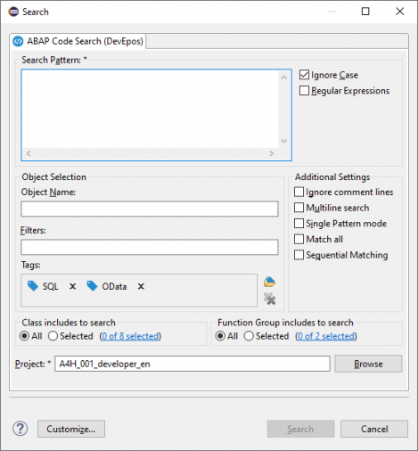 Search-Dialog mit "ABAP Code Search"-Seite