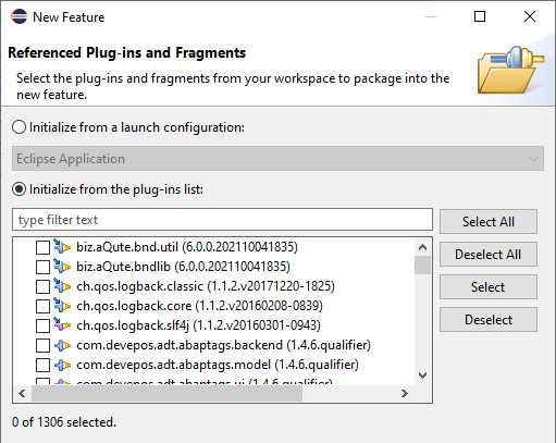 Feature Project Wizard - Plug-in-Auswahl