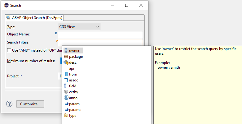 Search-Dialog auf Seite "ABAP Object Search"