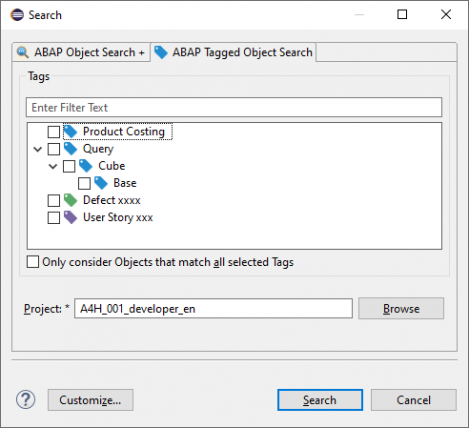 Search-Dialog mit Seite "ABAP Object Search"