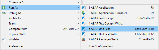 Ausführung des ABAP Unit Test über das Kontextmenü