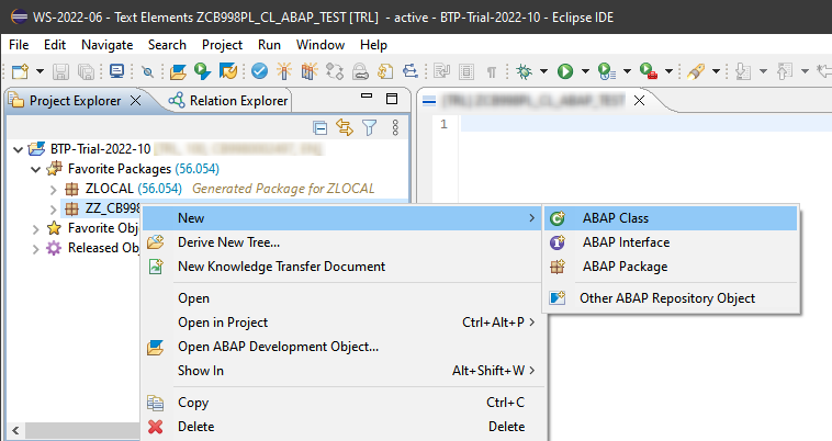 Erstellen einer neuen ABAP-Klasse im Projekt Explorer